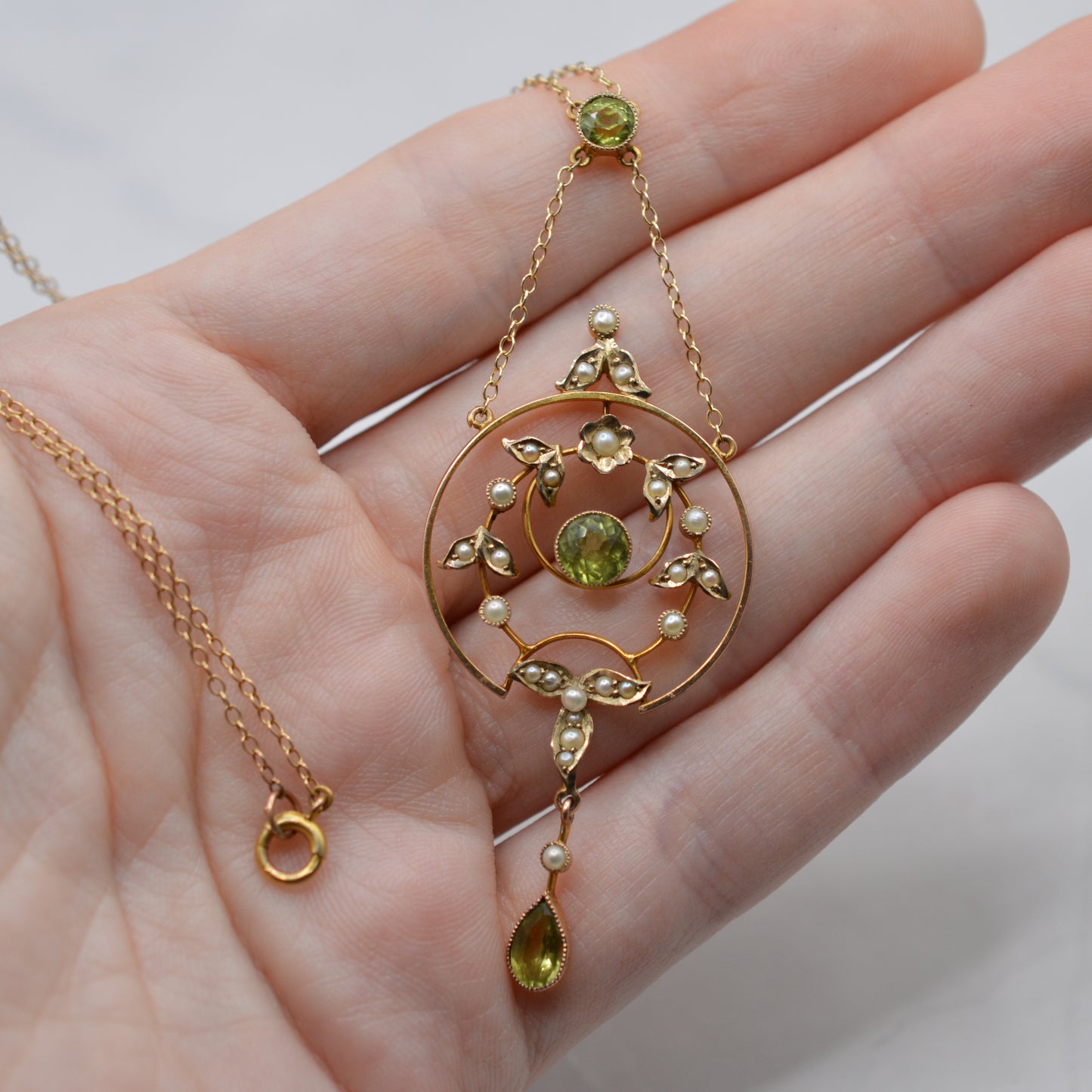 Antique Art Nouveau 9ct Gold Pearl & Peridot Lavalier Necklace (17”)