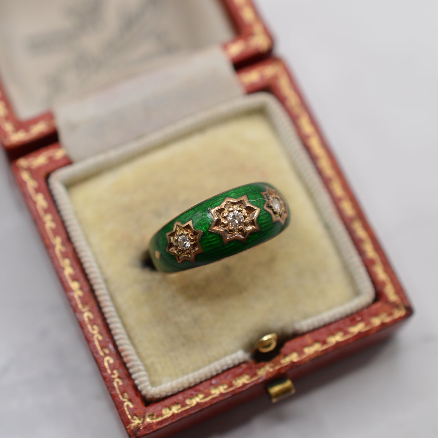 1970s Chunky Vintage 9ct Gold Enamel Diamond Gypsy Ring