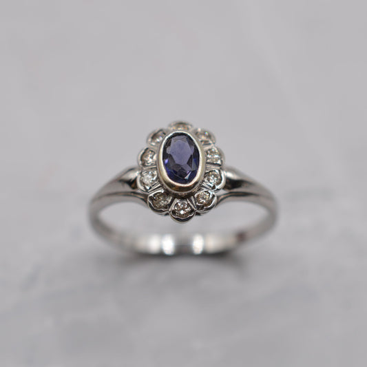 9ct White Gold Iolite & Diamond Cluster Ring