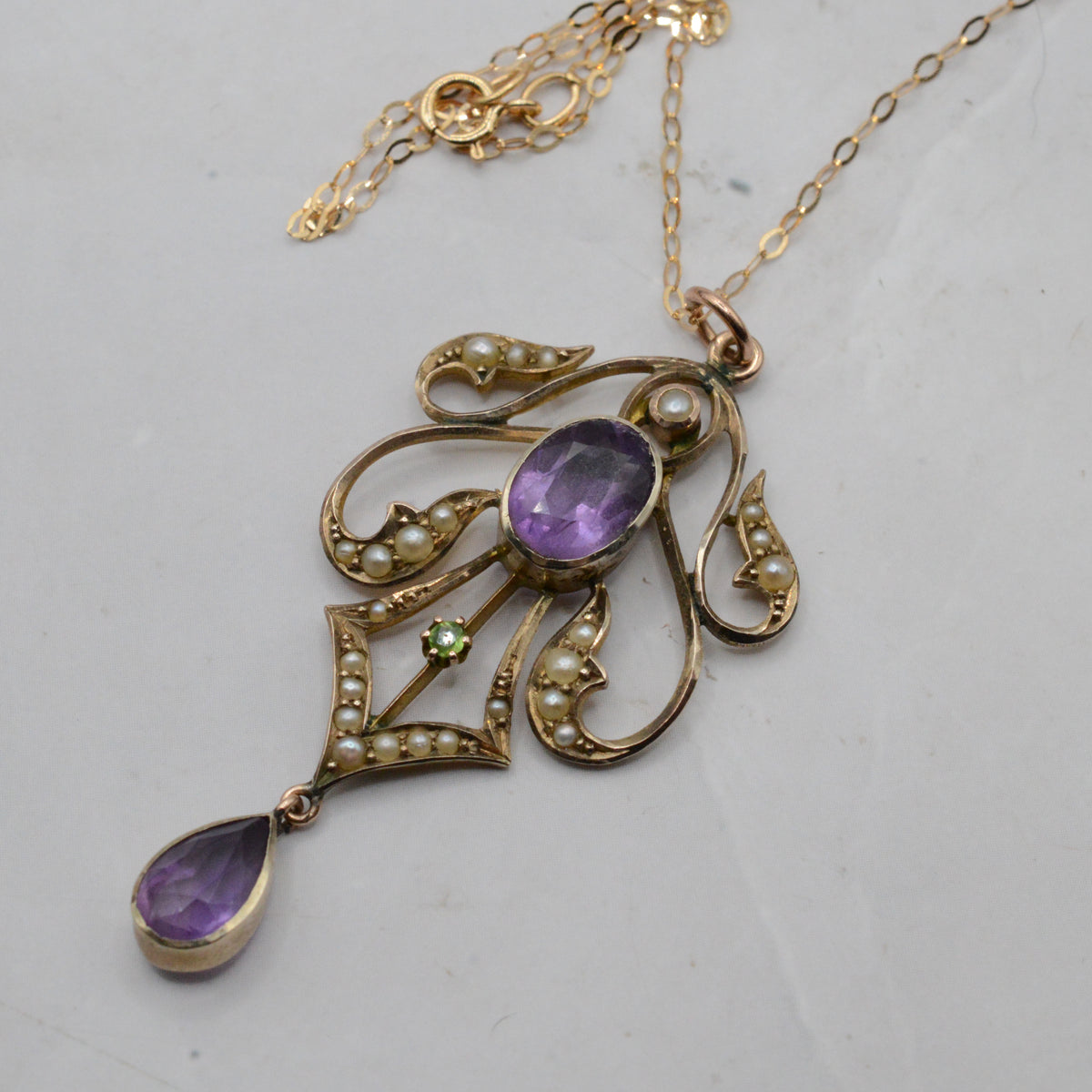 Antique Edwardian Art Nouveau 9ct Gold Amethyst, Peridot & Pearl Lavalier Necklace (16”)