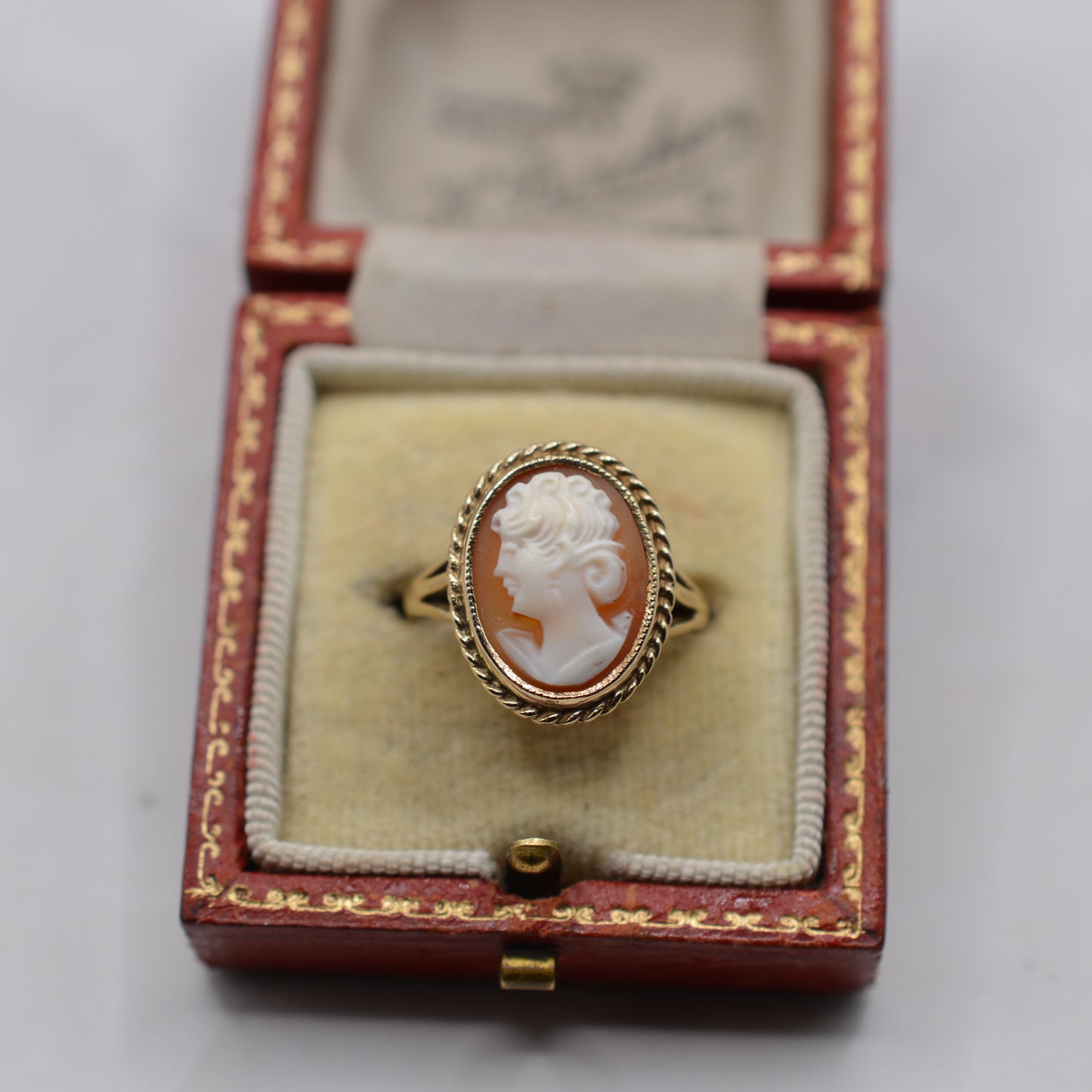 1980s 9ct Gold Large Cameo Ring with Rope-Twist Border