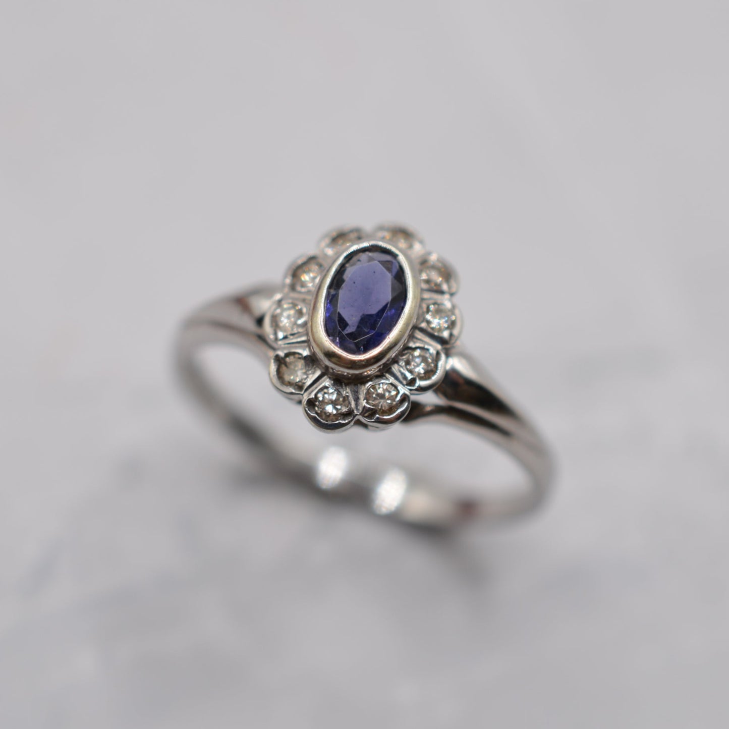 9ct White Gold Iolite & Diamond Cluster Ring