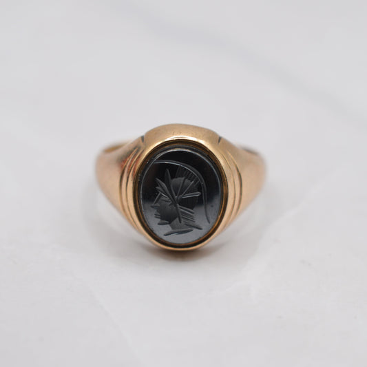 Chunky 1970s Vintage 9ct Gold Onyx Roman Centurion Ring