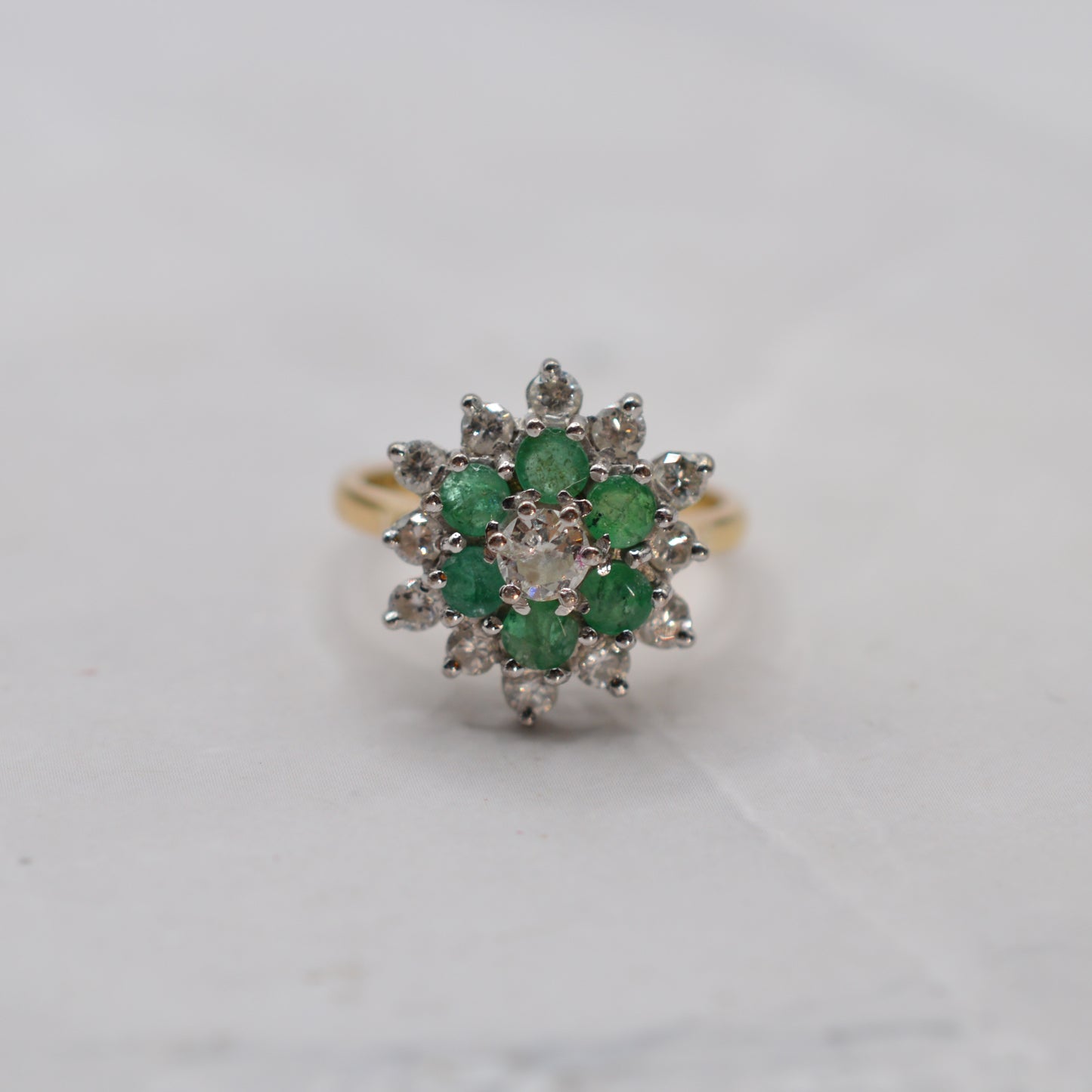 1990s 18ct Gold Emerald & Diamond Double Cluster Ring