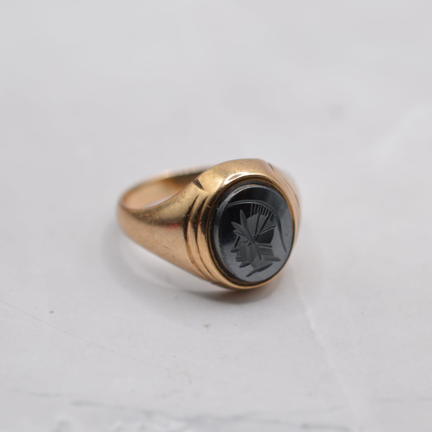 Chunky 1970s Vintage 9ct Gold Onyx Roman Centurion Ring