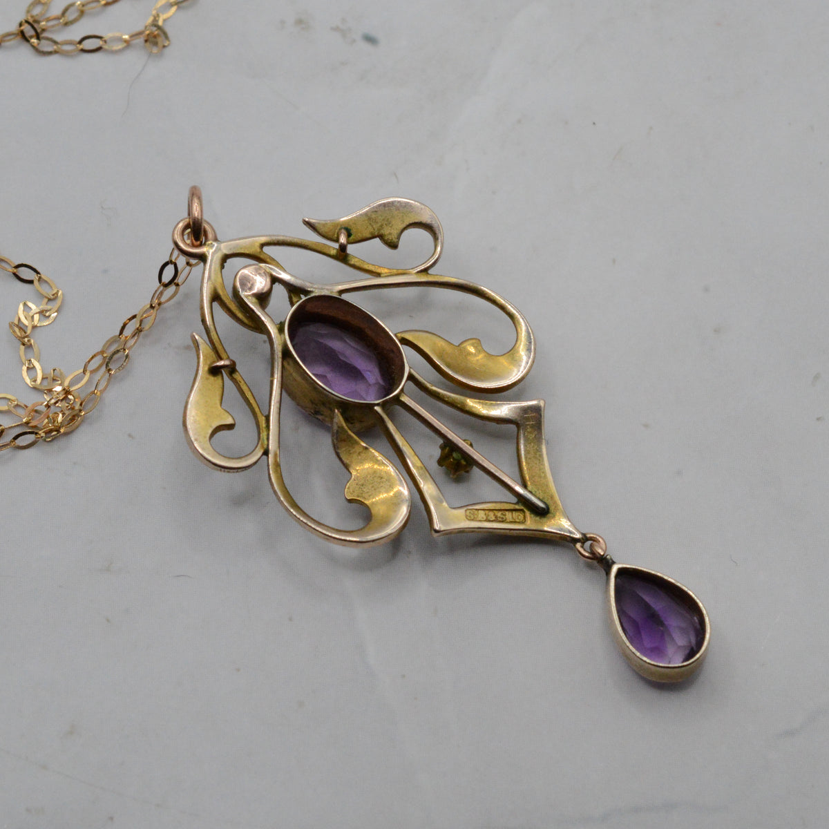 Antique Edwardian Art Nouveau 9ct Gold Amethyst, Peridot & Pearl Lavalier Necklace (16”)
