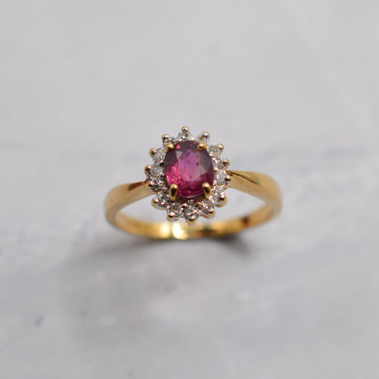 *RESERVED* 1990s 18ct Gold Ruby & Diamond Cluster Ring