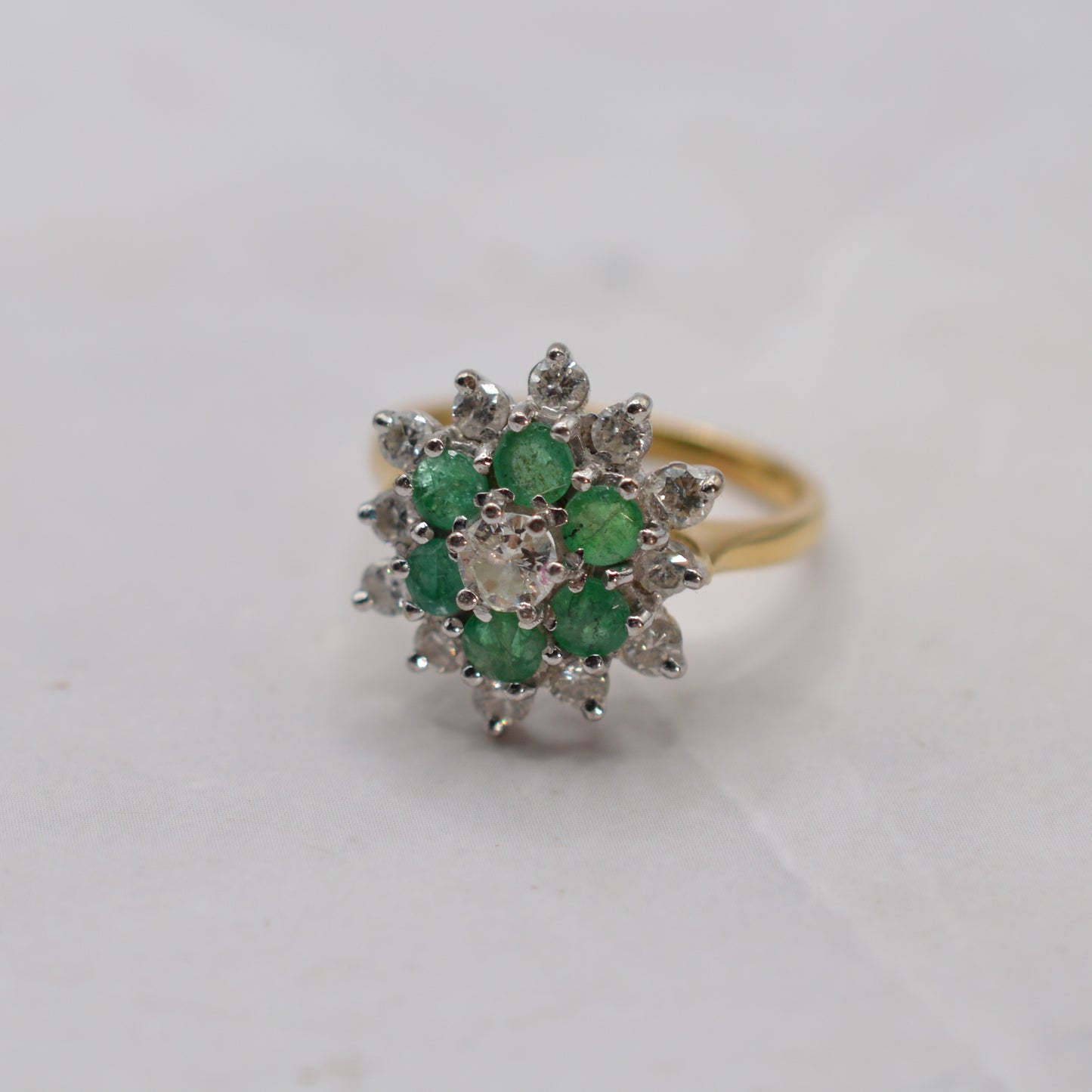 1990s 18ct Gold Emerald & Diamond Double Cluster Ring