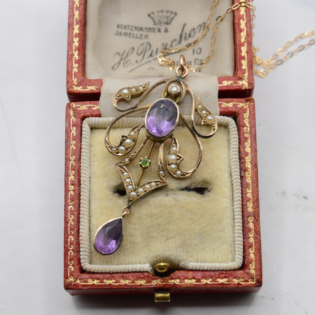 Antique Edwardian Art Nouveau 9ct Gold Amethyst, Peridot & Pearl Lavalier Necklace (16”)