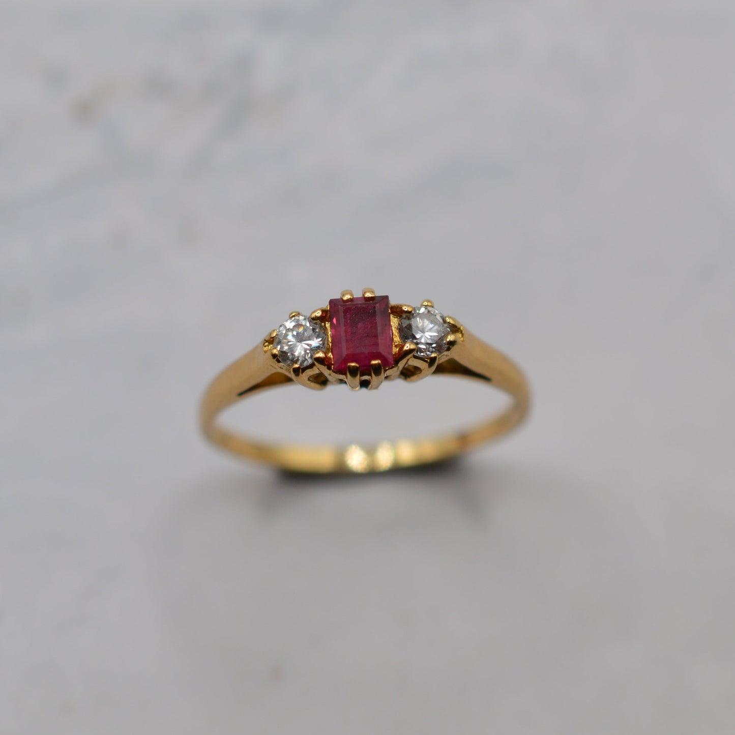 1970s Vintage 18ct Gold Ruby & Diamond Trilogy Ring
