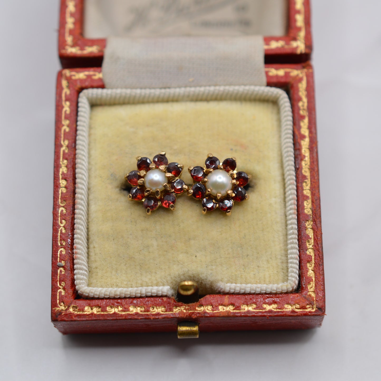 1970s Vintage 9ct Gold Pearl & Garnet Cluster Stud Earrings