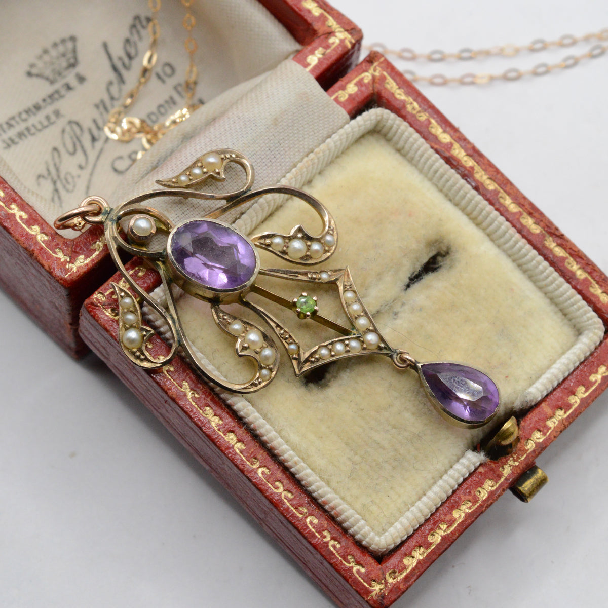 Antique Edwardian Art Nouveau 9ct Gold Amethyst, Peridot & Pearl Lavalier Necklace (16”)