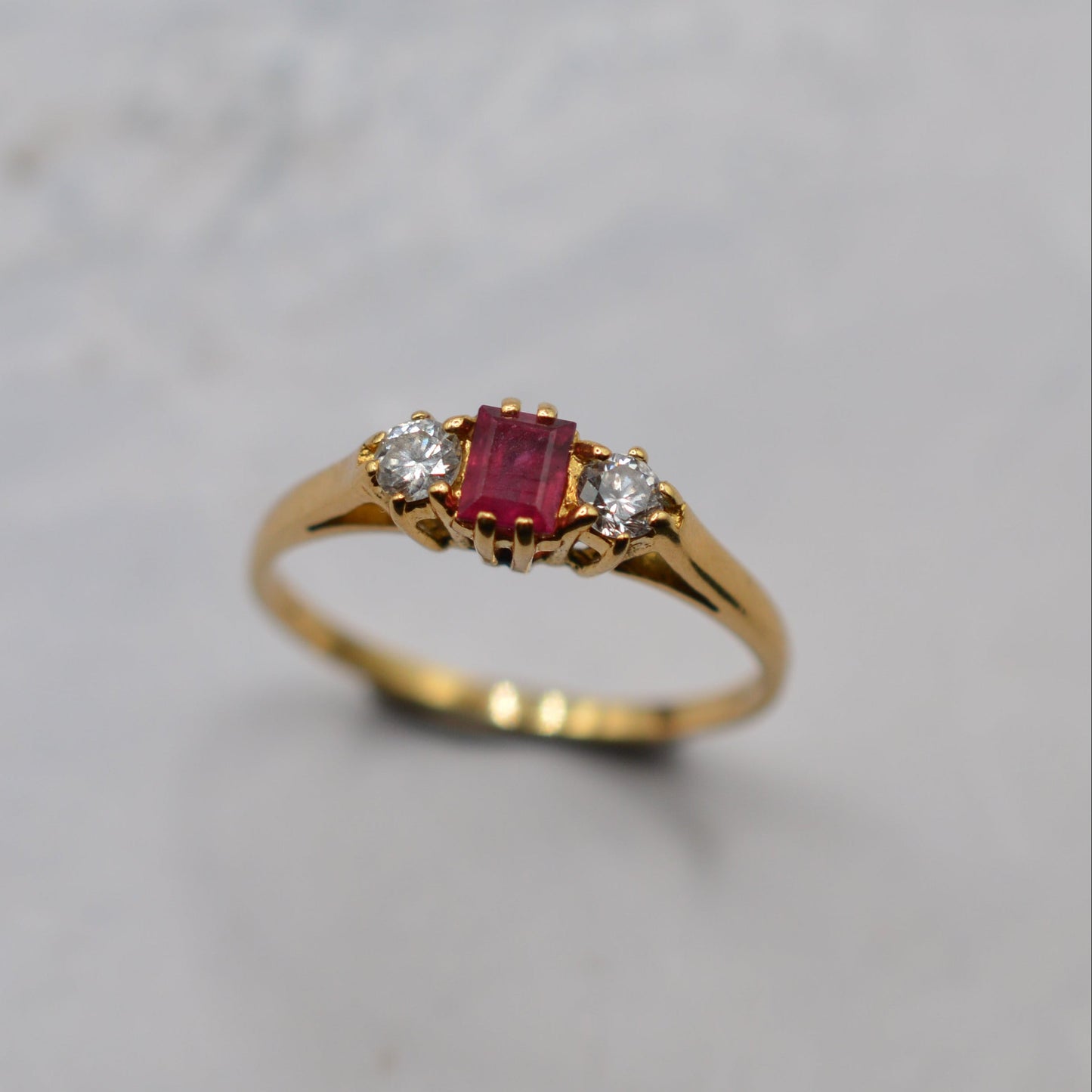 1970s Vintage 18ct Gold Ruby & Diamond Trilogy Ring