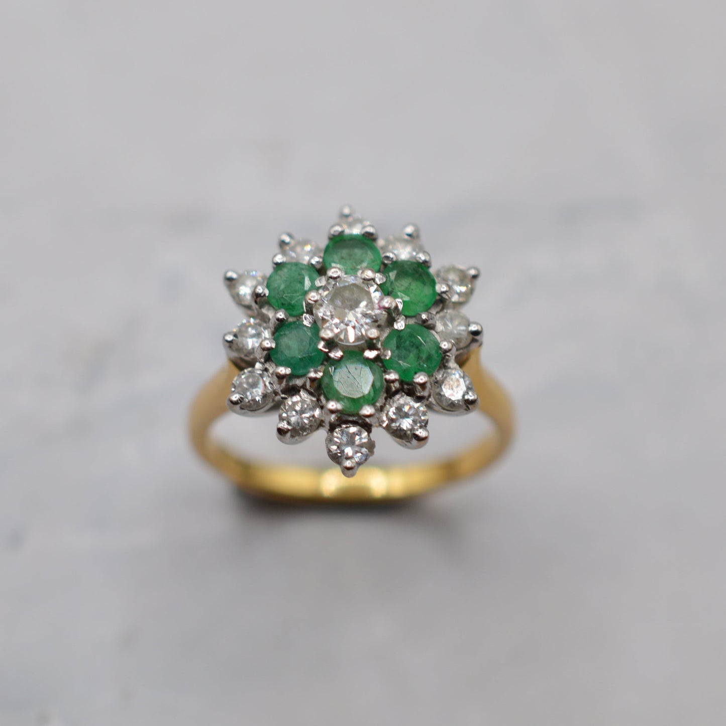 1990s 18ct Gold Emerald & Diamond Double Cluster Ring