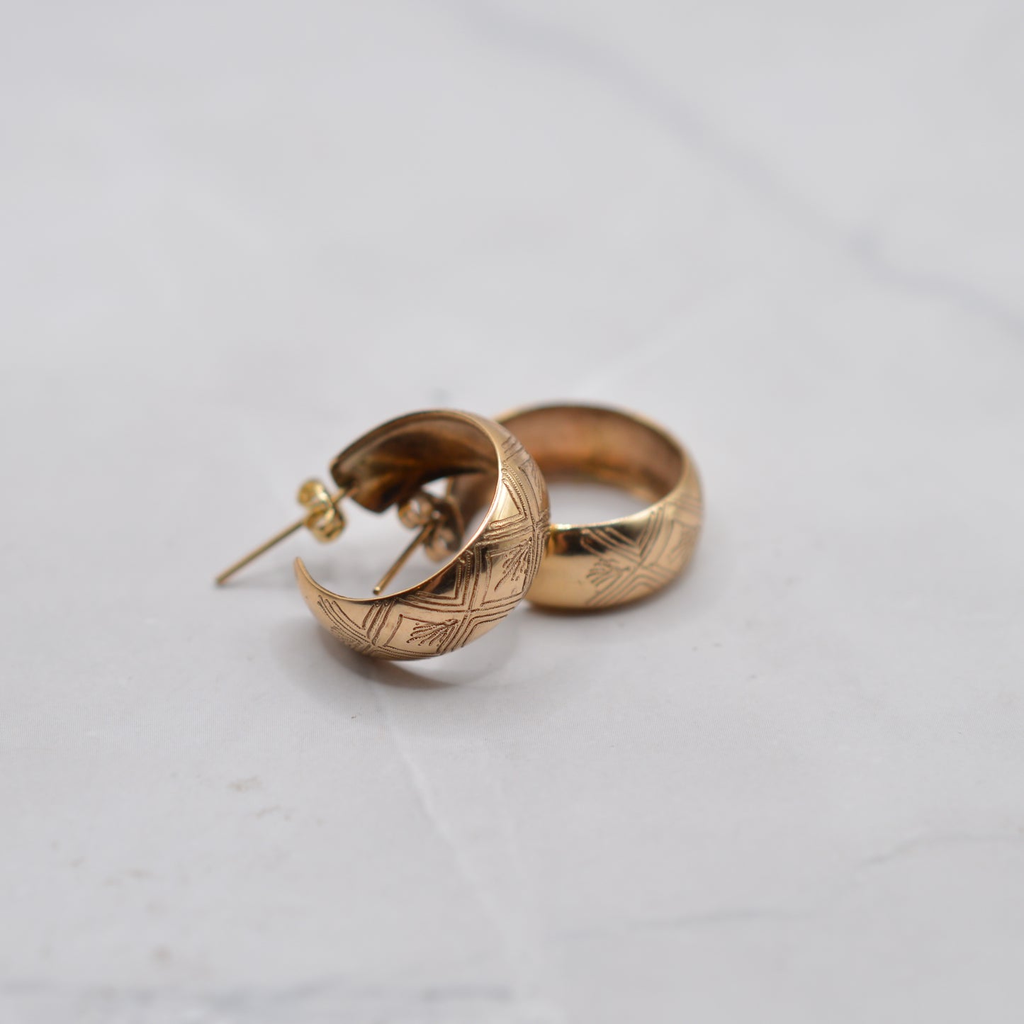 1970s Vintage 9ct Gold Engraved Half-Hoop Earrings