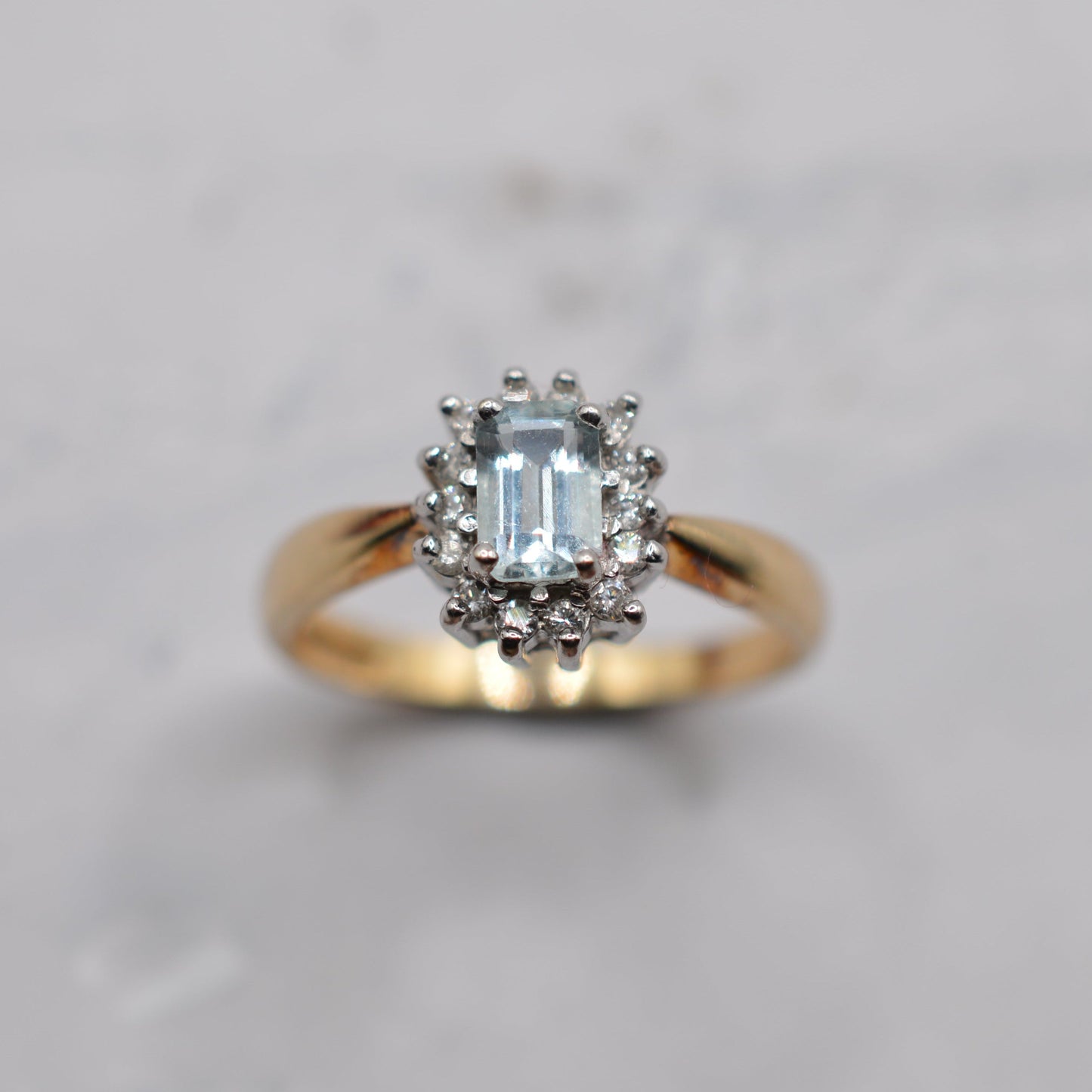 1990s 9ct Gold Aquamarine & Diamond Cluster Ring
