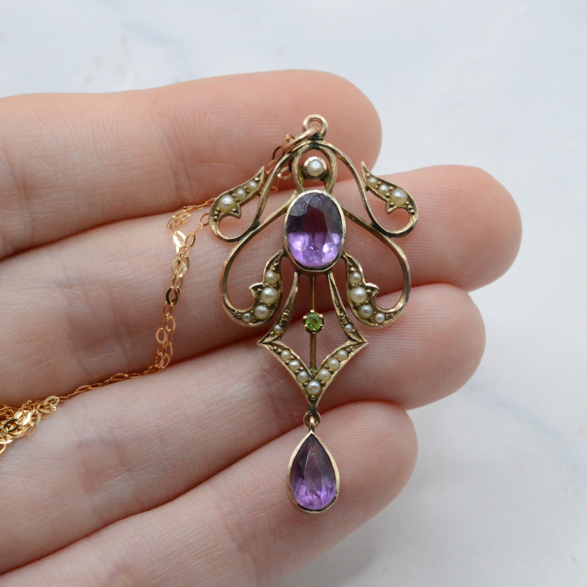 Antique Edwardian Art Nouveau 9ct Gold Amethyst, Peridot & Pearl Lavalier Necklace (16”)