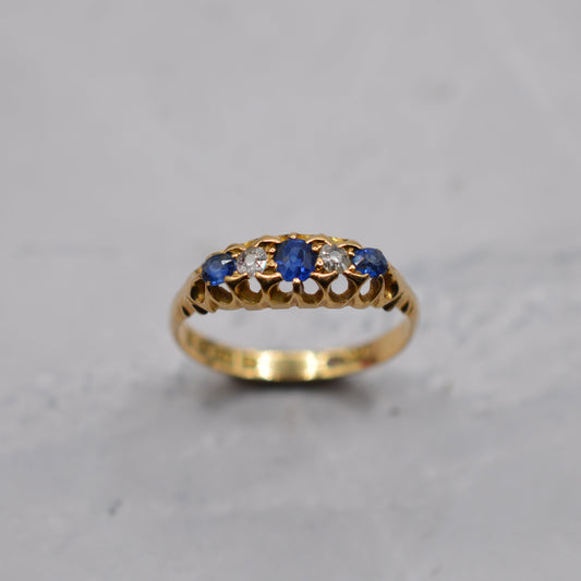 Antique Victorian 18ct Gold Sapphire & Diamond Five-Stone Ring