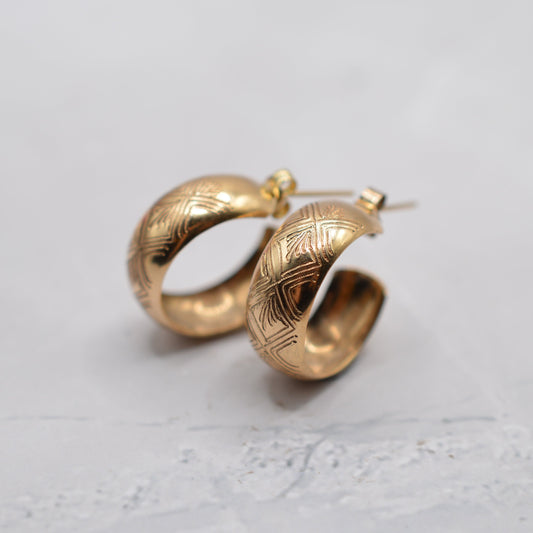 1970s Vintage 9ct Gold Engraved Half-Hoop Earrings