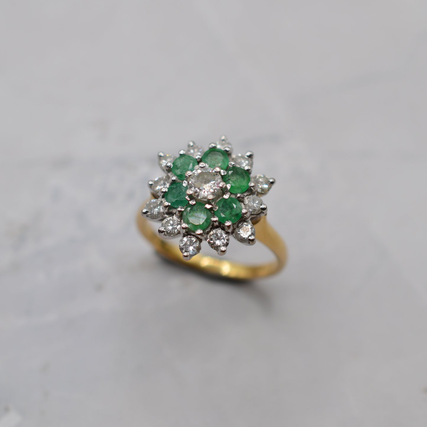1990s 18ct Gold Emerald & Diamond Double Cluster Ring