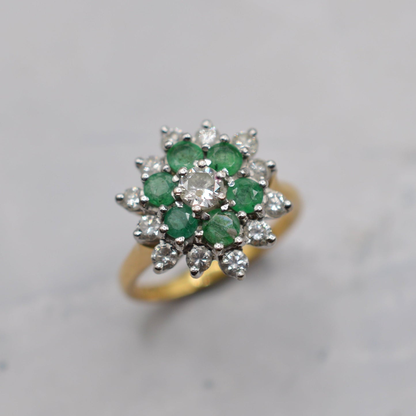 1990s 18ct Gold Emerald & Diamond Double Cluster Ring