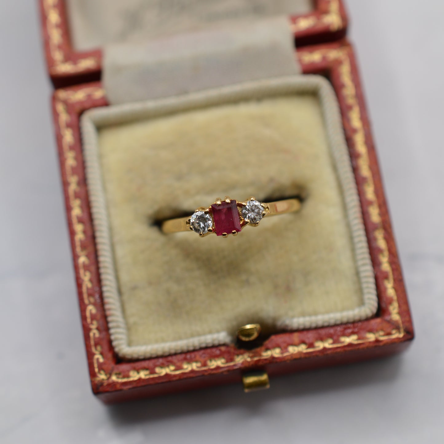 1970s Vintage 18ct Gold Ruby & Diamond Trilogy Ring