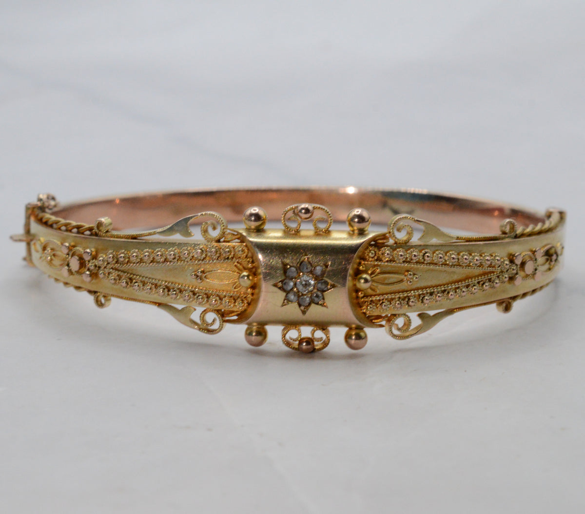Edwardian 1906 9ct Gold Diamond Etruscan Revival Bangle Bracelet with Antique Box
