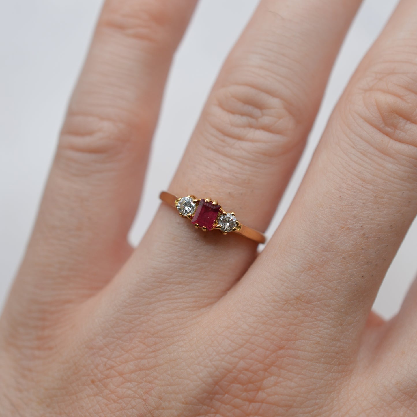 1970s Vintage 18ct Gold Ruby & Diamond Trilogy Ring