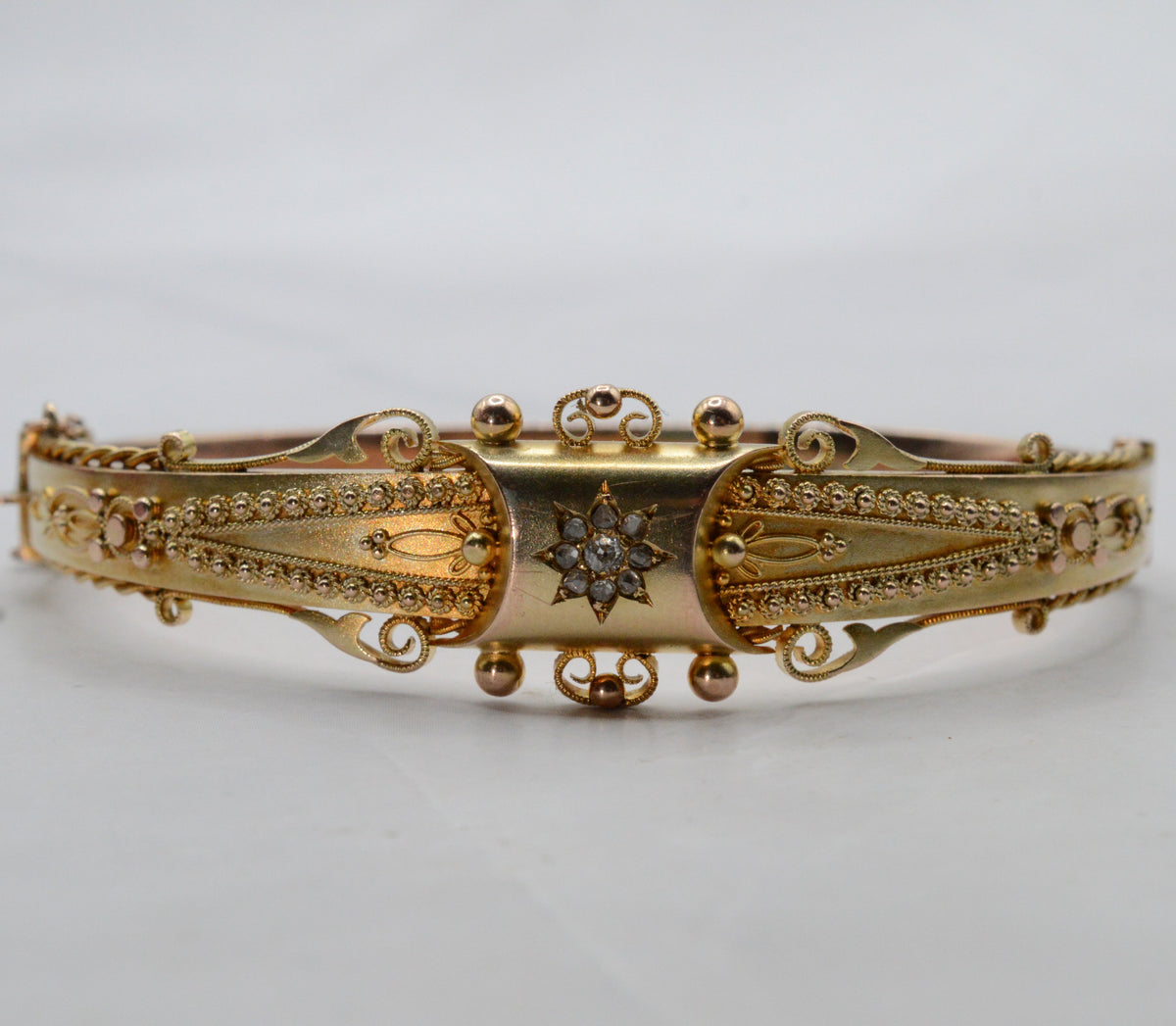 Edwardian 1906 9ct Gold Diamond Etruscan Revival Bangle Bracelet with Antique Box