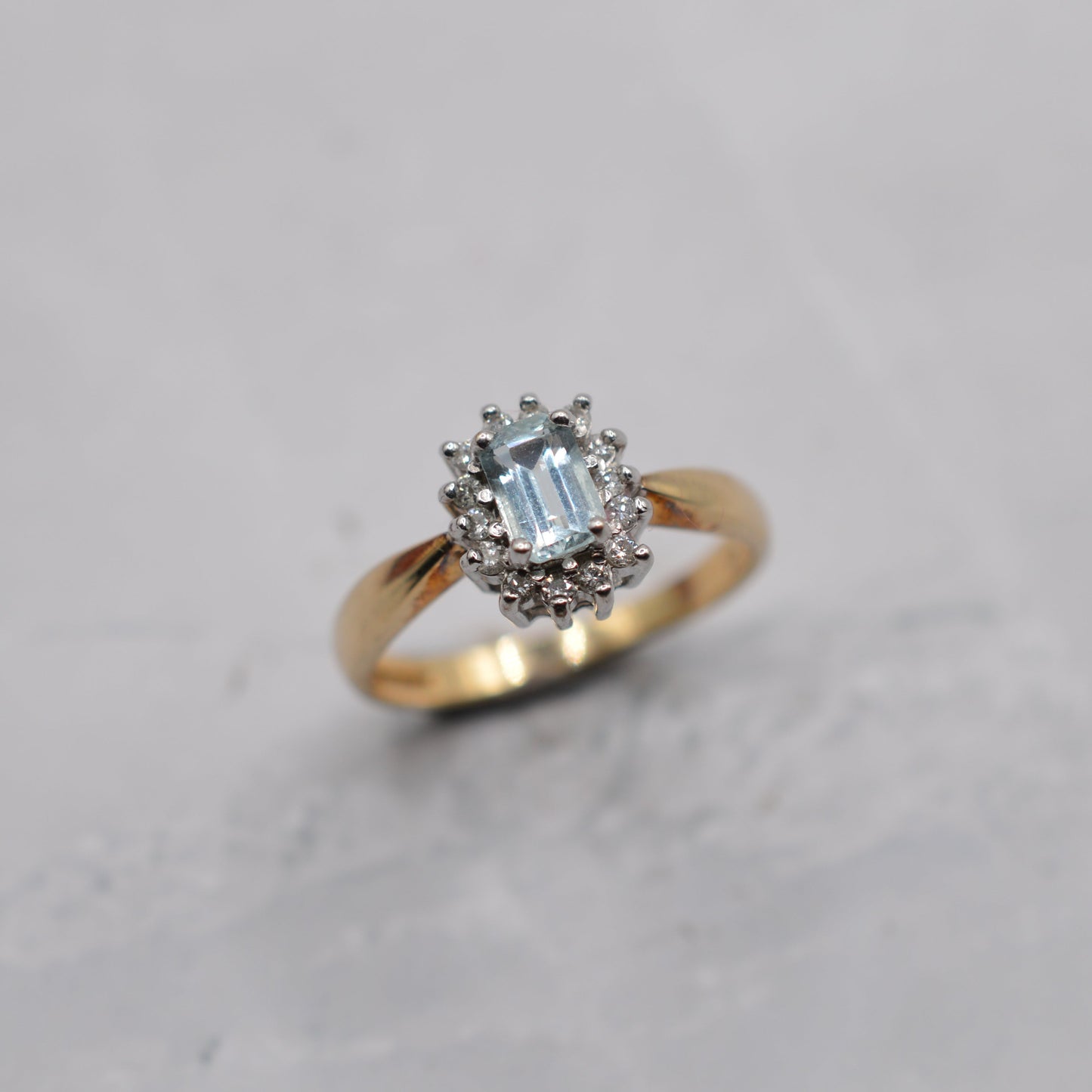 1990s 9ct Gold Aquamarine & Diamond Cluster Ring