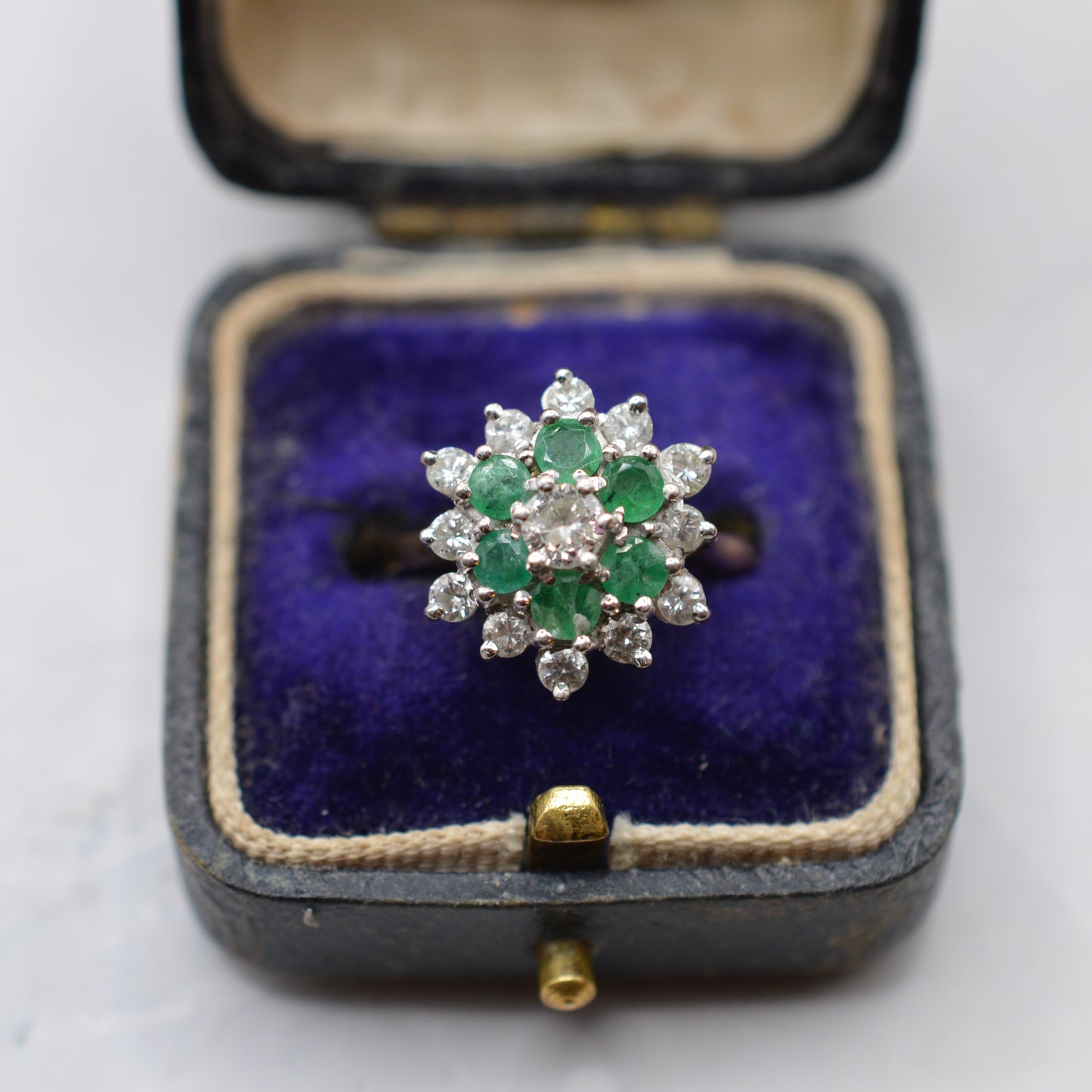 1990s 18ct Gold Emerald & Diamond Double Cluster Ring