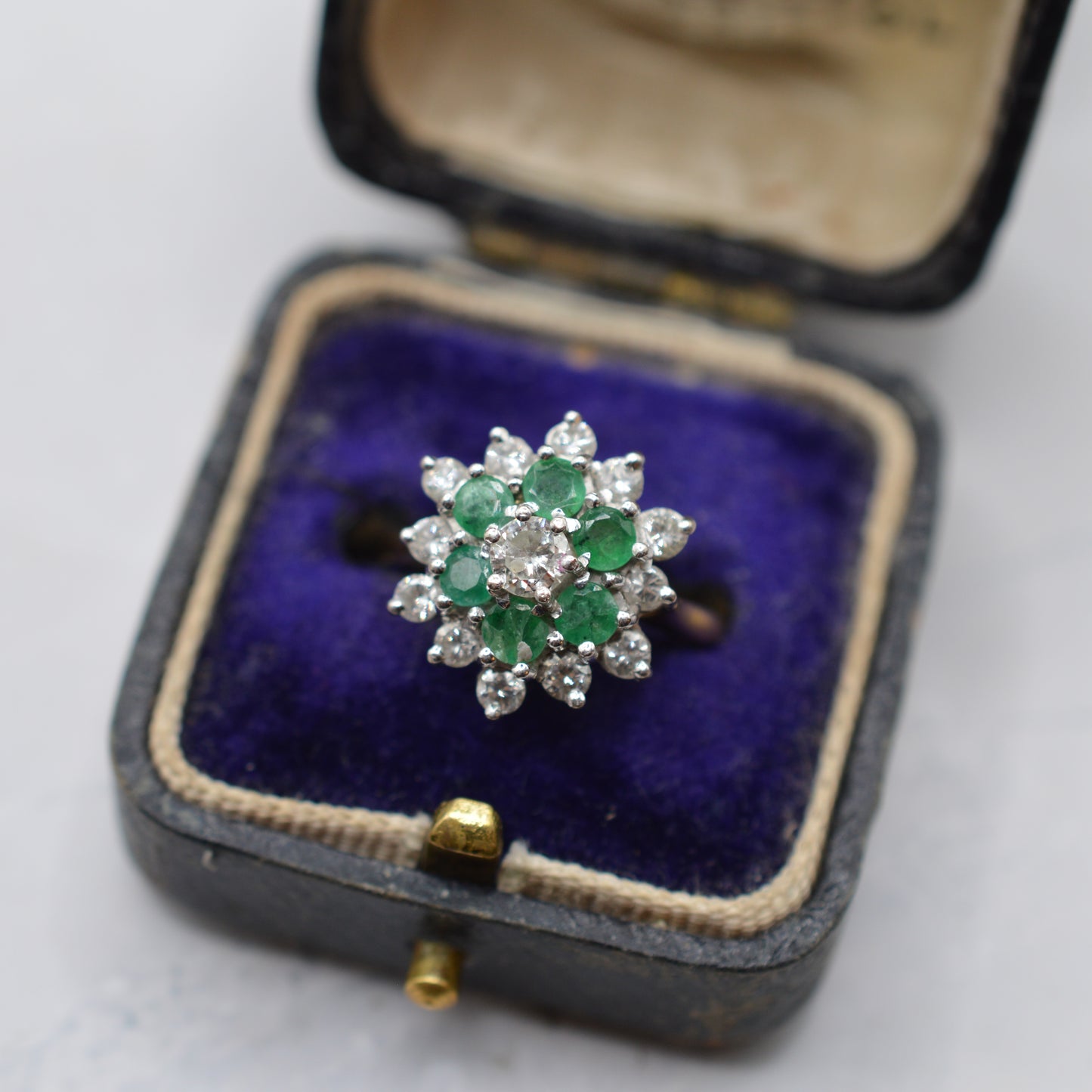 1990s 18ct Gold Emerald & Diamond Double Cluster Ring