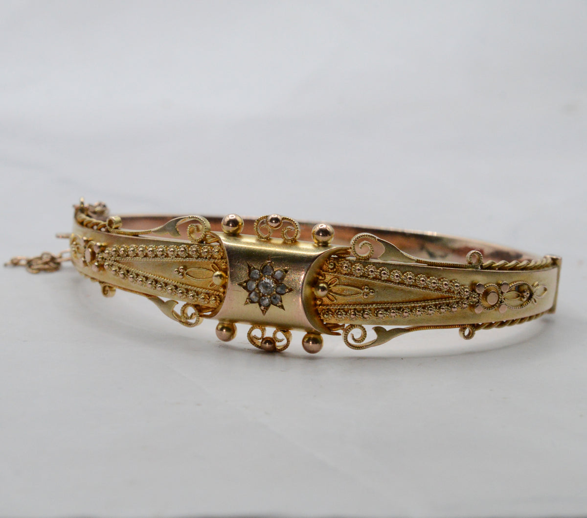 Edwardian 1906 9ct Gold Diamond Etruscan Revival Bangle Bracelet with Antique Box