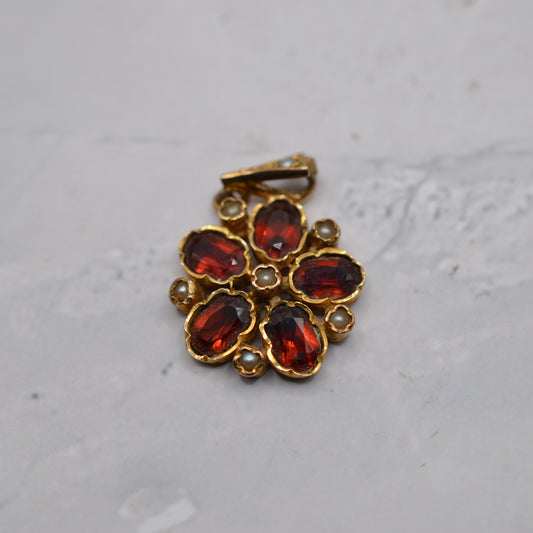 9ct Gold Garnet & Split Pearl Floral Pendant