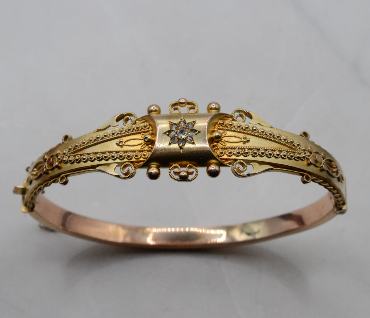 Edwardian 1906 9ct Gold Diamond Etruscan Revival Bangle Bracelet with Antique Box