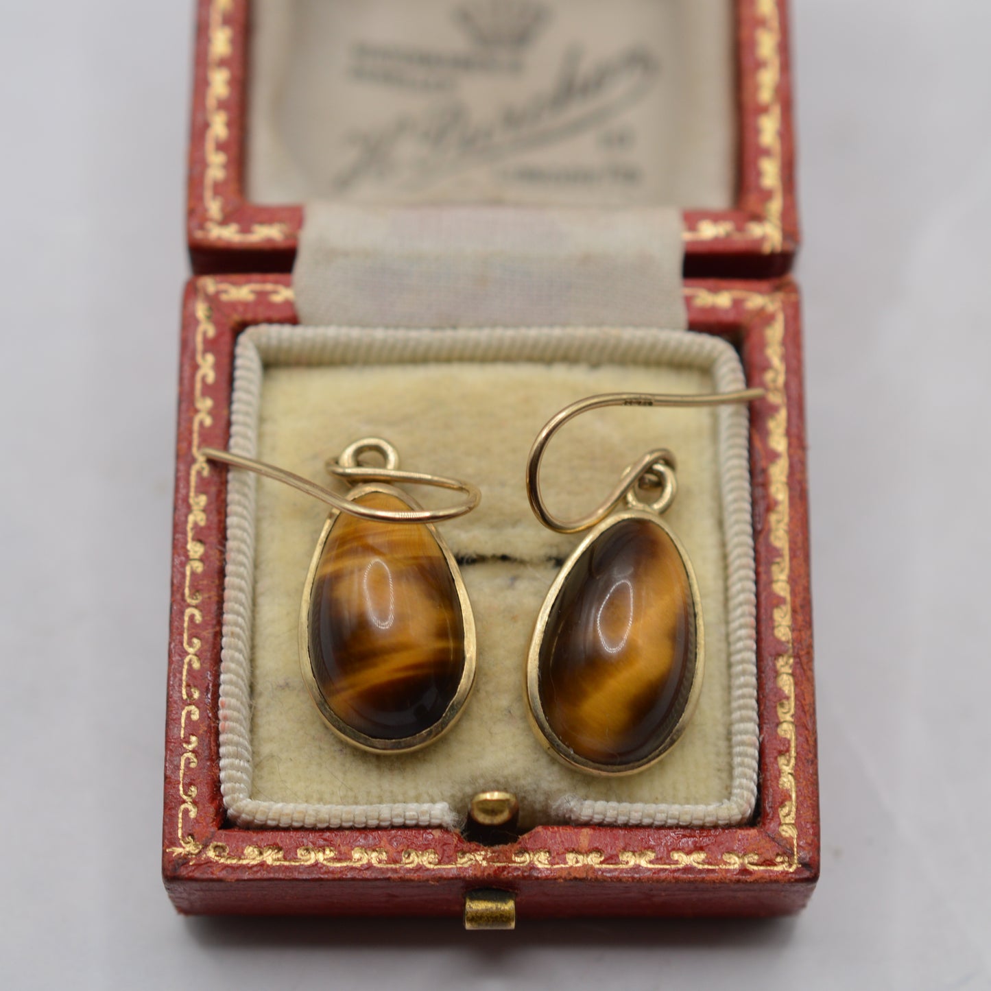 Large Y2K 9ct Gold Tiger's Eye Drop Earrings