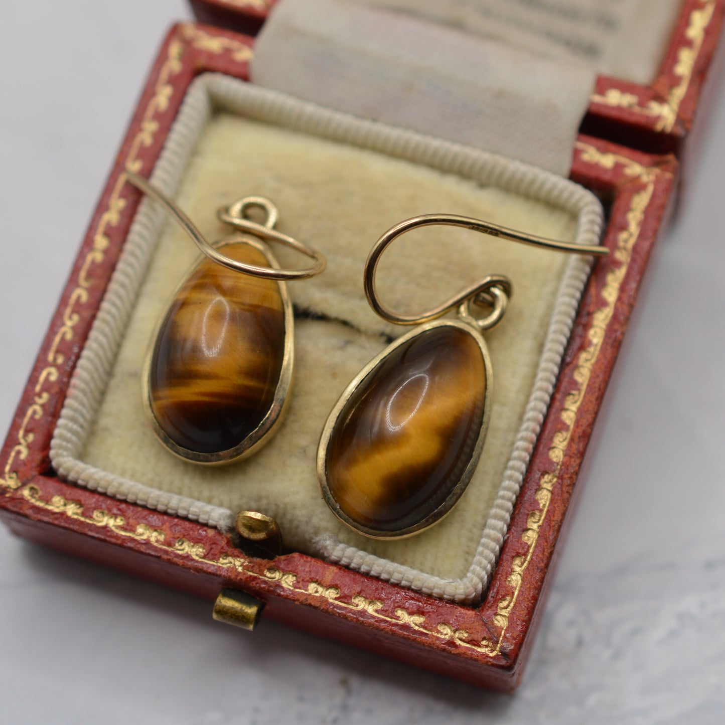 Large Y2K 9ct Gold Tiger's Eye Drop Earrings