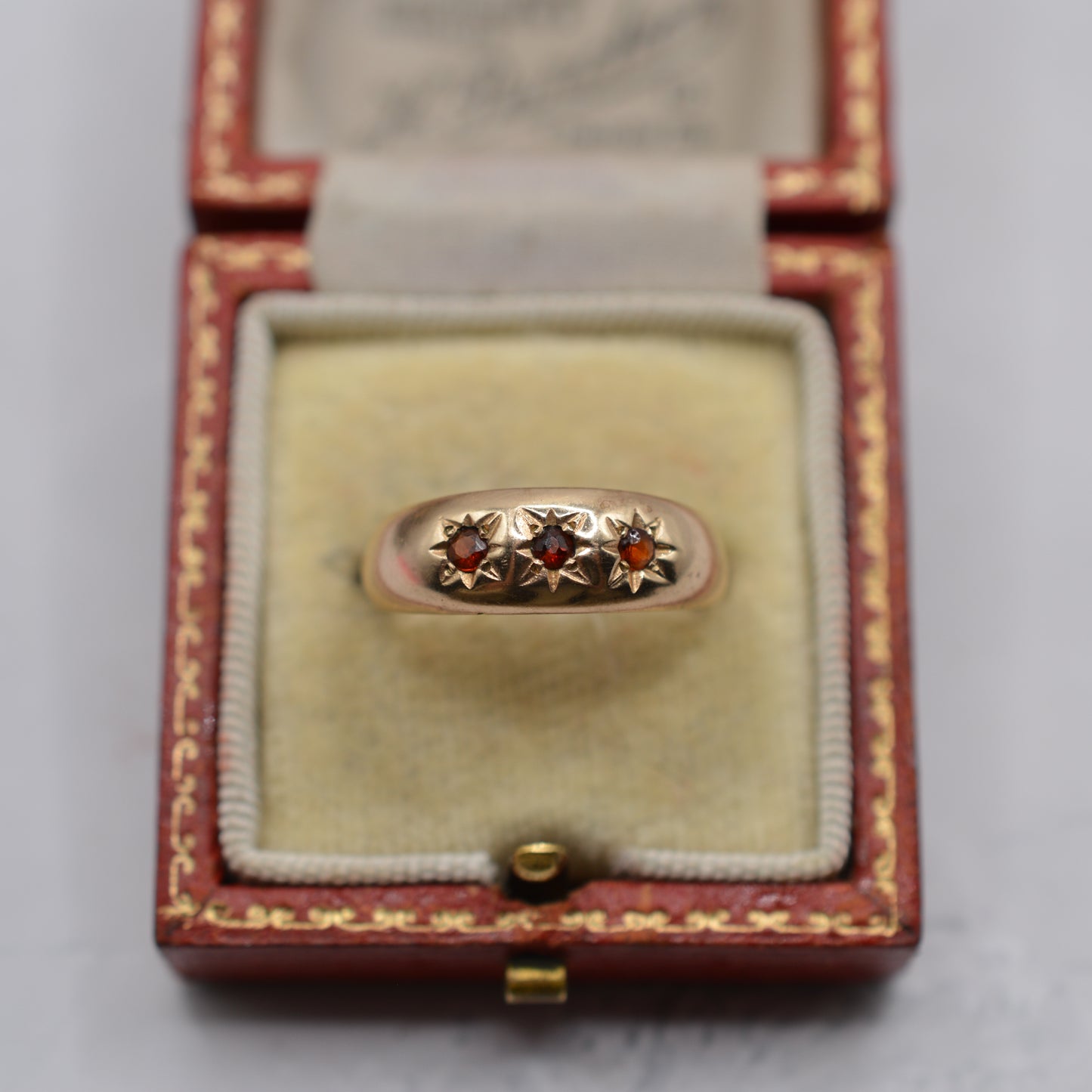 1980s 9ct Gold Garnet Trilogy Gypsy Ring
