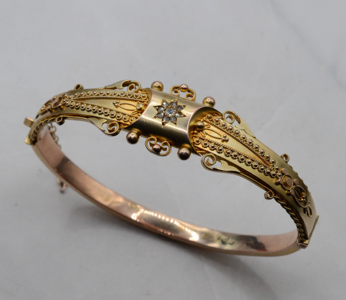 Edwardian 1906 9ct Gold Diamond Etruscan Revival Bangle Bracelet with Antique Box