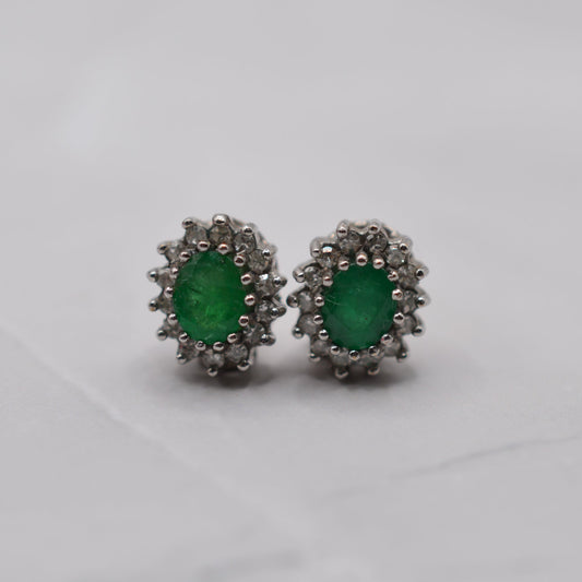 1990s 9ct Gold Emerald & Diamond Cluster Stud Earrings