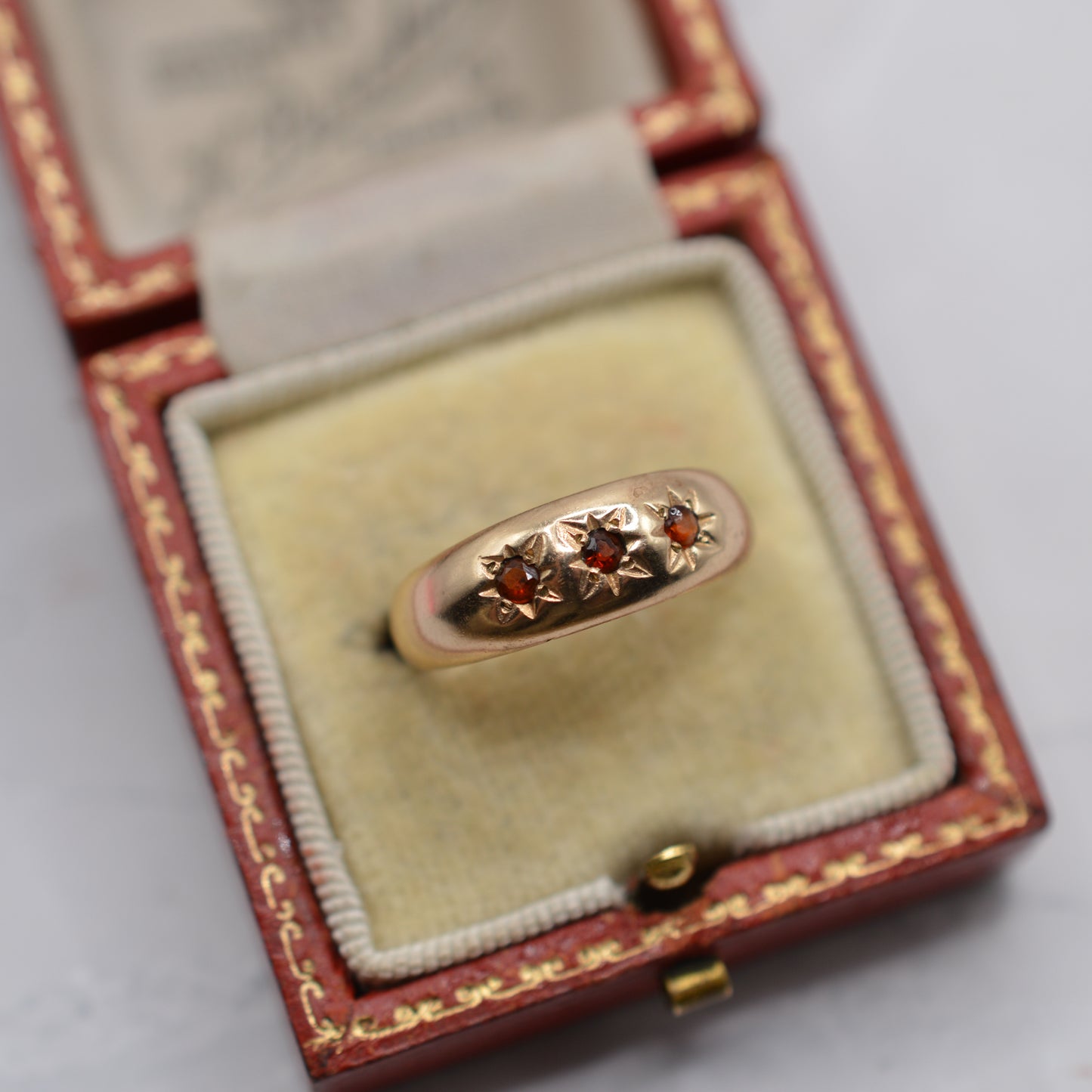 1980s 9ct Gold Garnet Trilogy Gypsy Ring