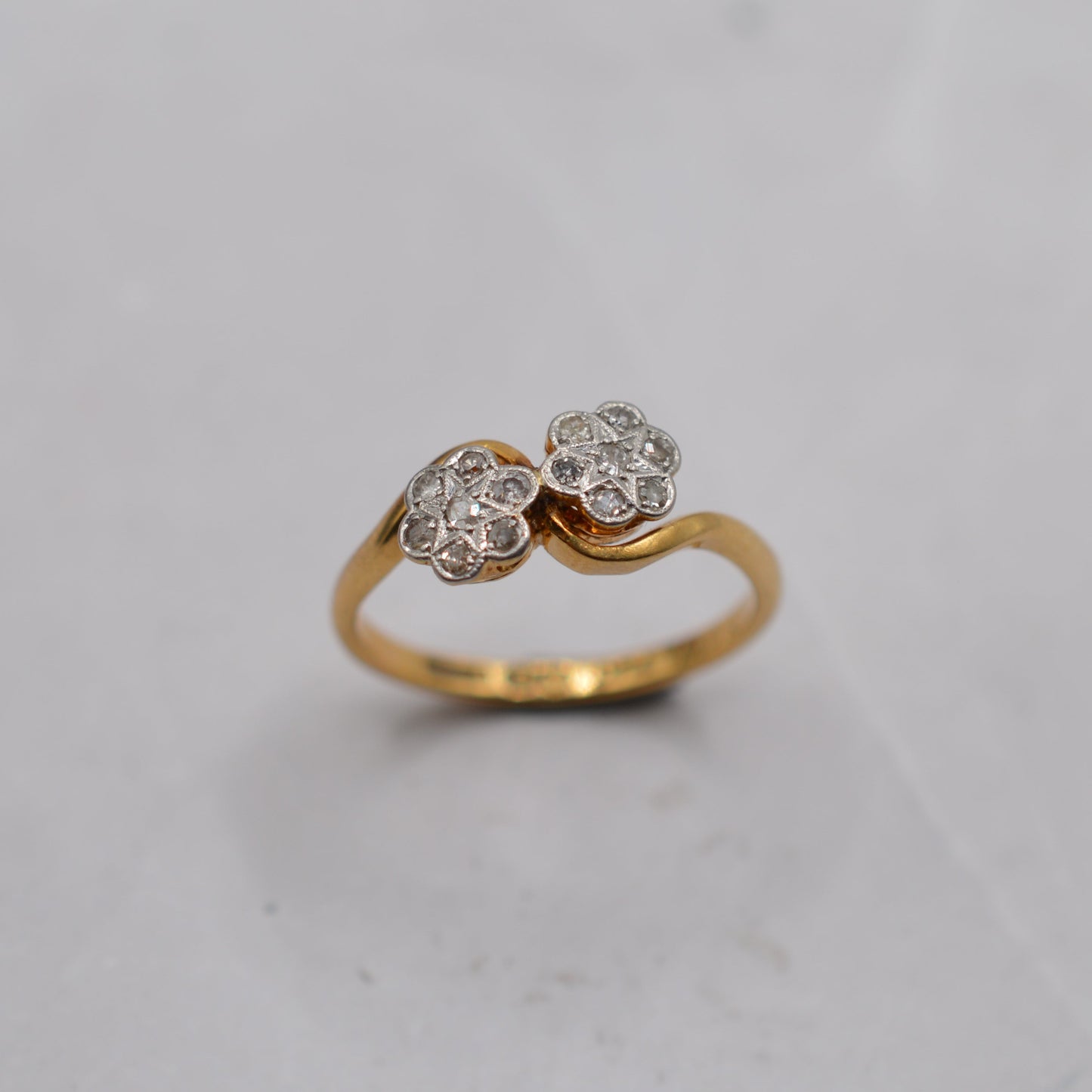 Antique Edwardian 18ct Gold & Platinum Double Diamond Cluster Ring