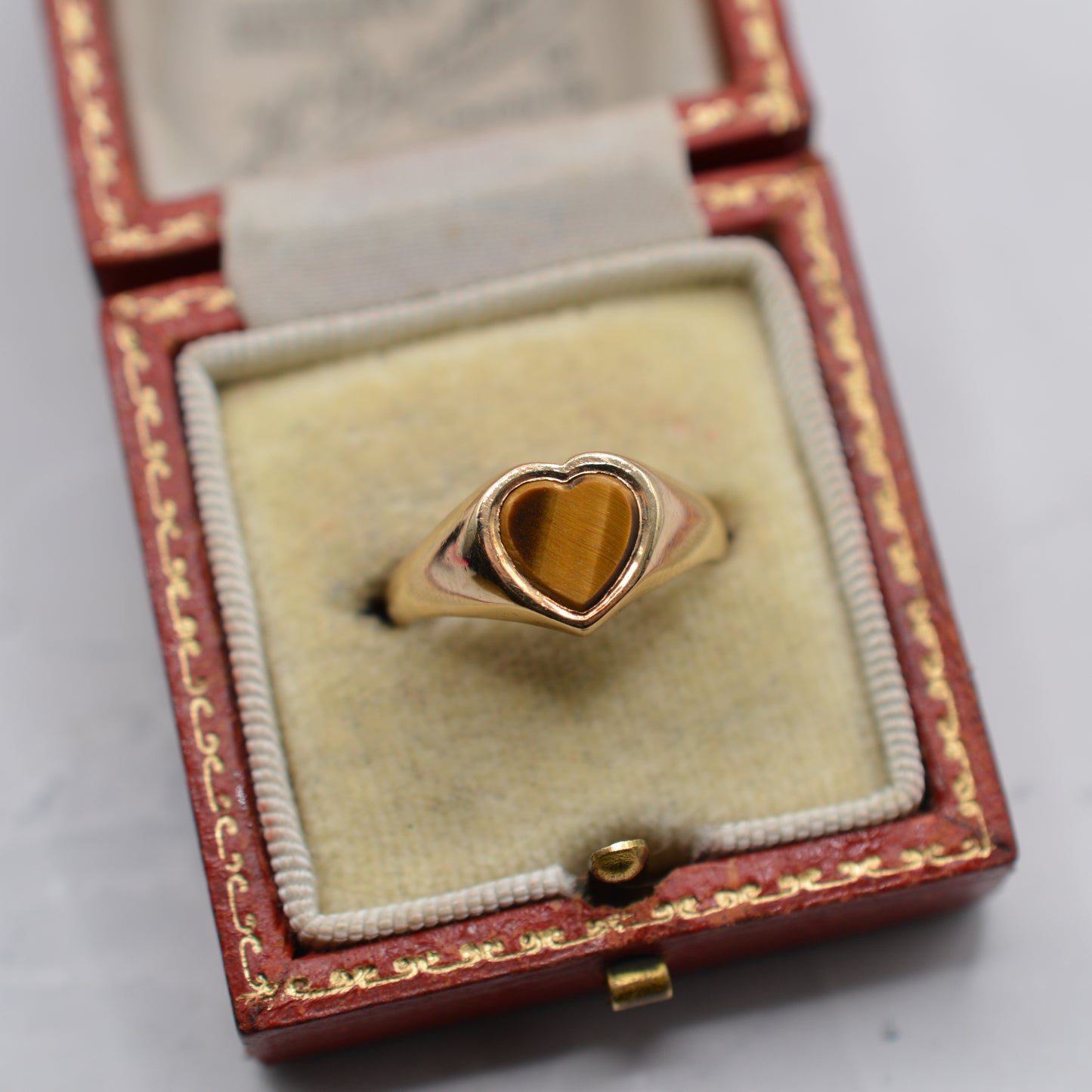 1970s Vintage 9ct Gold Tiger’s Eye Heart Signet Ring