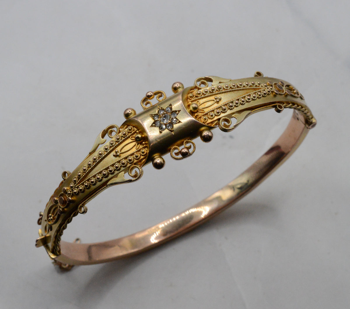 Edwardian 1906 9ct Gold Diamond Etruscan Revival Bangle Bracelet with Antique Box