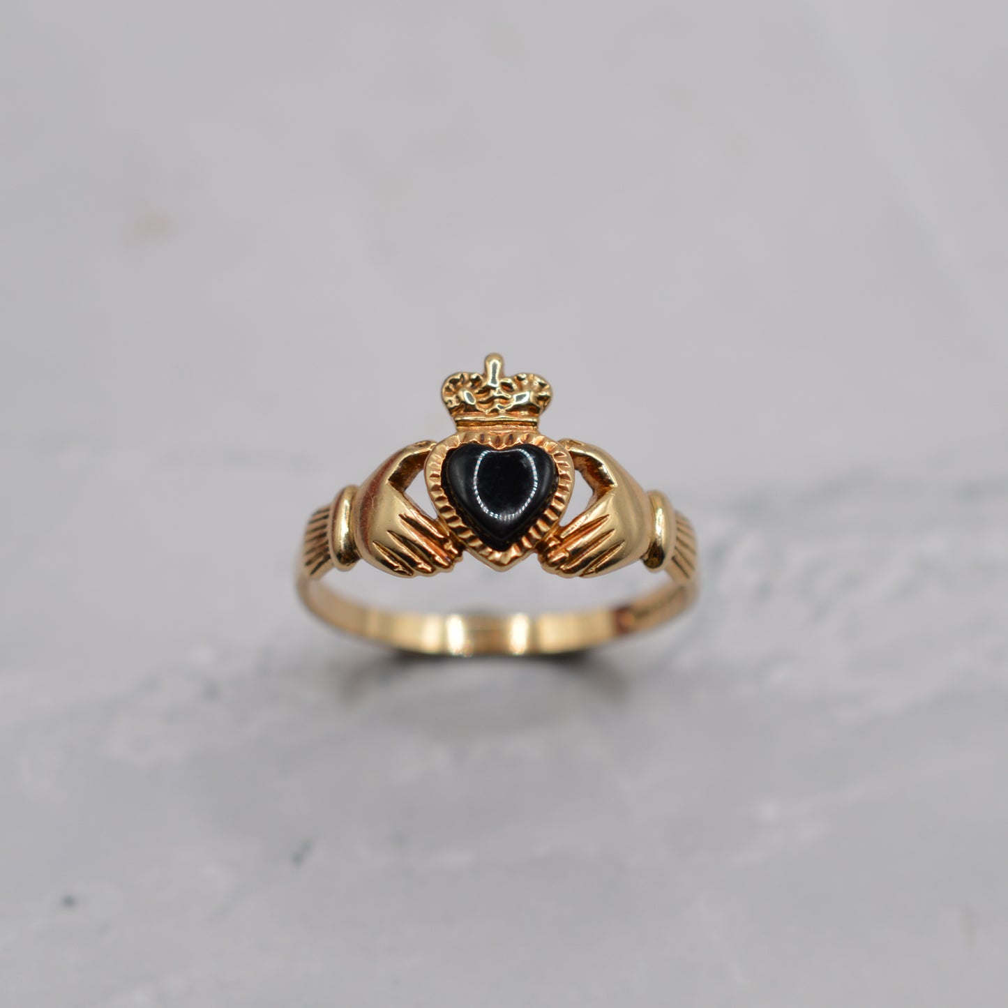 1990s Vintage 9ct Gold Onyx Heart Claddagh Ring