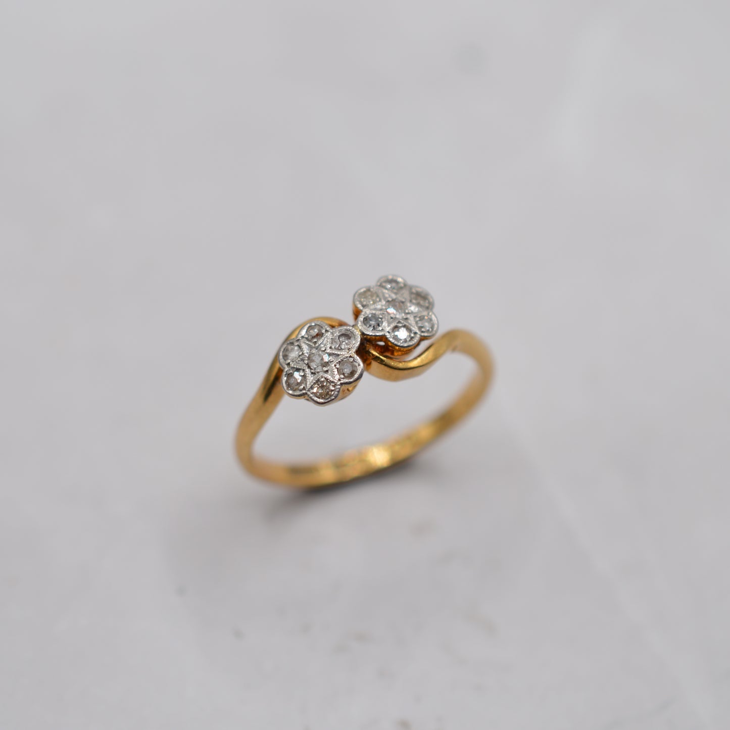 Antique Edwardian 18ct Gold & Platinum Double Diamond Cluster Ring