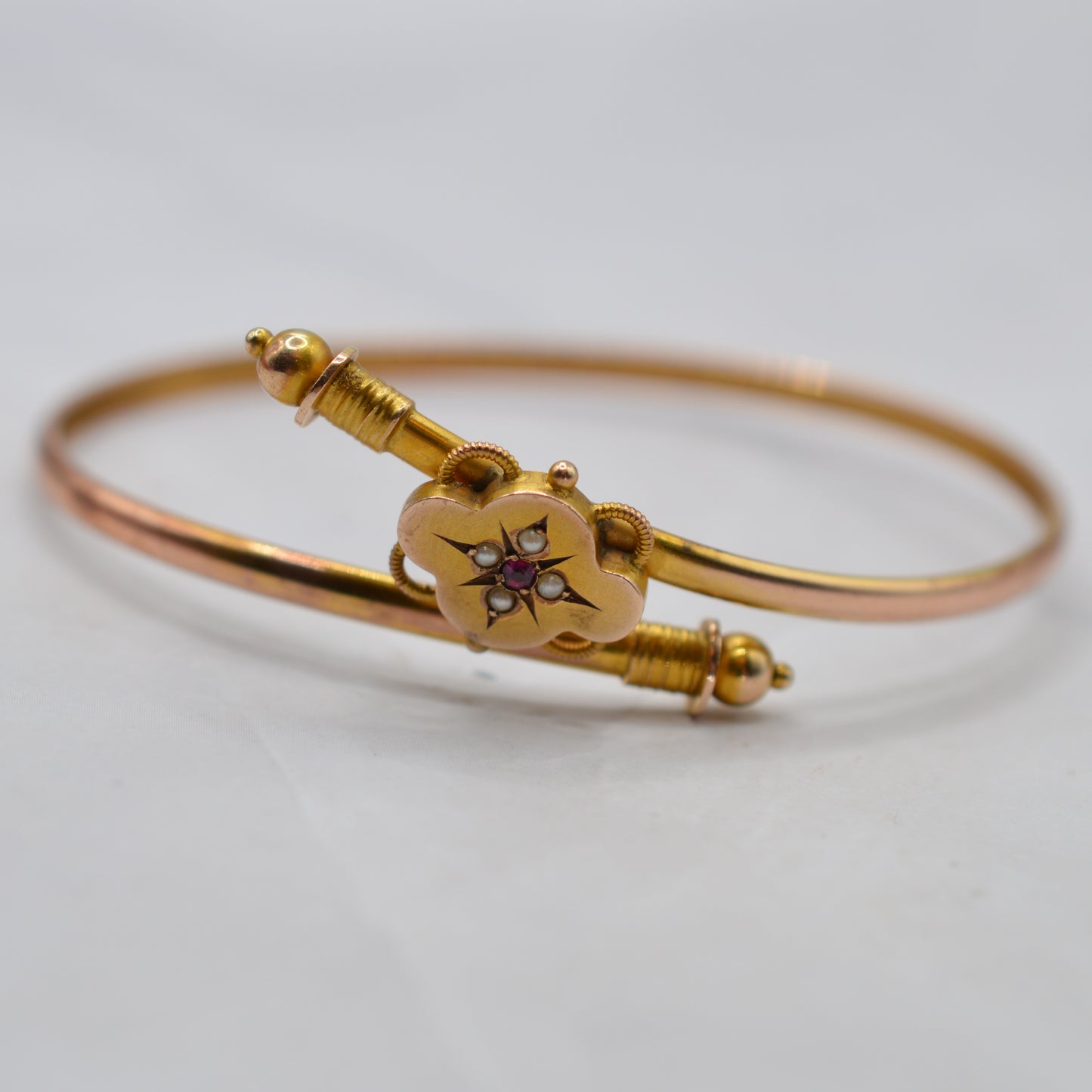 1894 Antique Victorian 9ct Gold Ruby & Pearl Bangle Bracelet