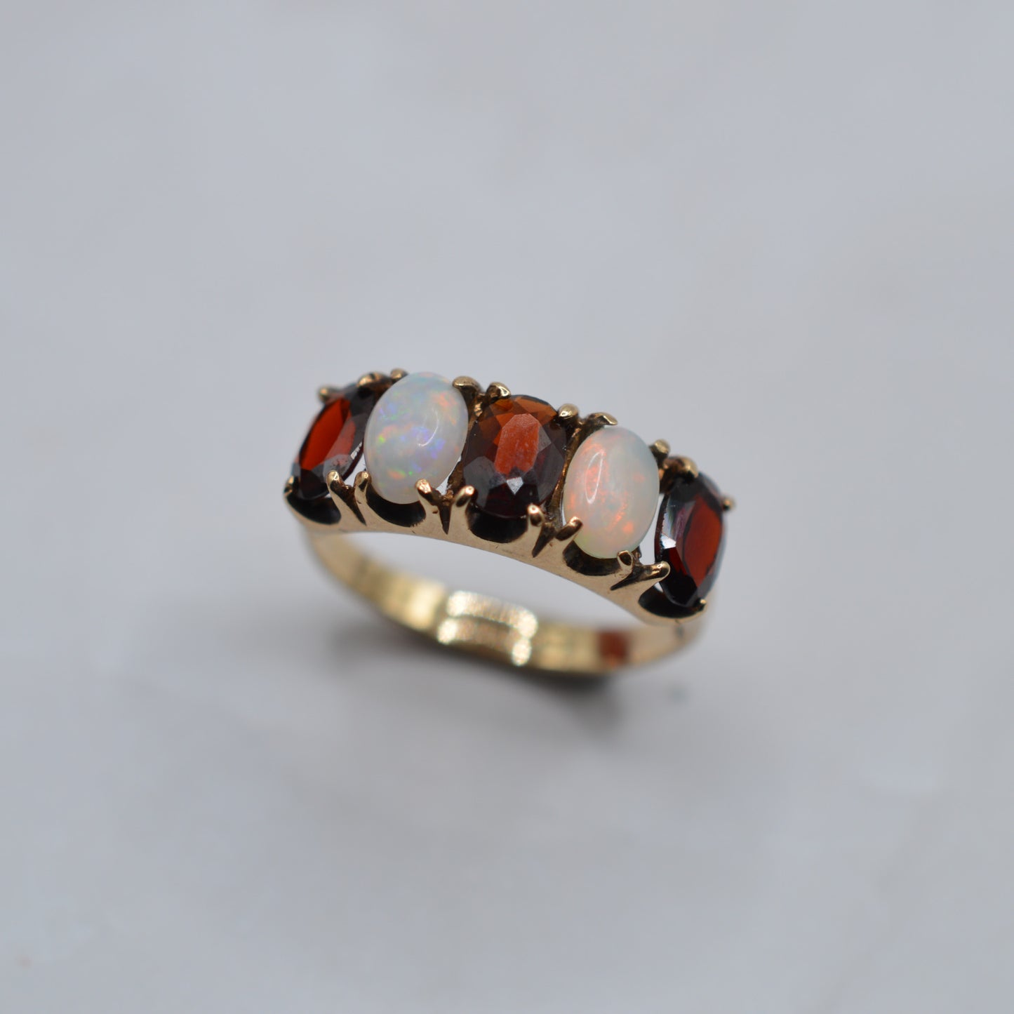 1970s Vintage 9ct Gold Garnet & Opal Five-Stone Ring