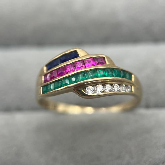 Chunky 9ct Gold Diamond, Ruby, Emerald and Sapphire Ring