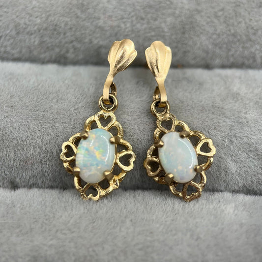 Vintage 9ct Gold Opal Drop Earrings with Heart Piercings